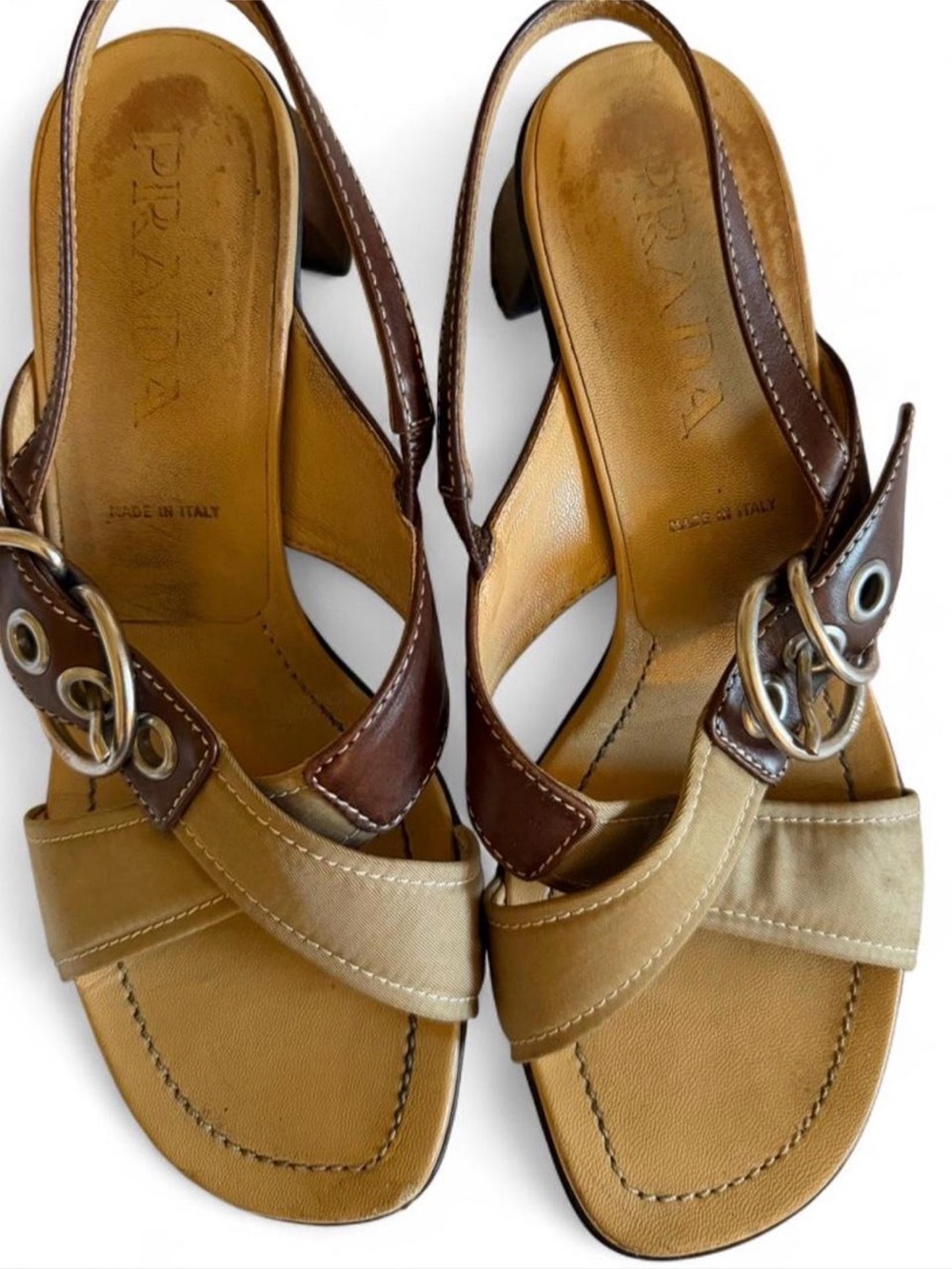 Prada women's Two-Tone Tan Slingback Heeled Sandals - Picture 3 of 4